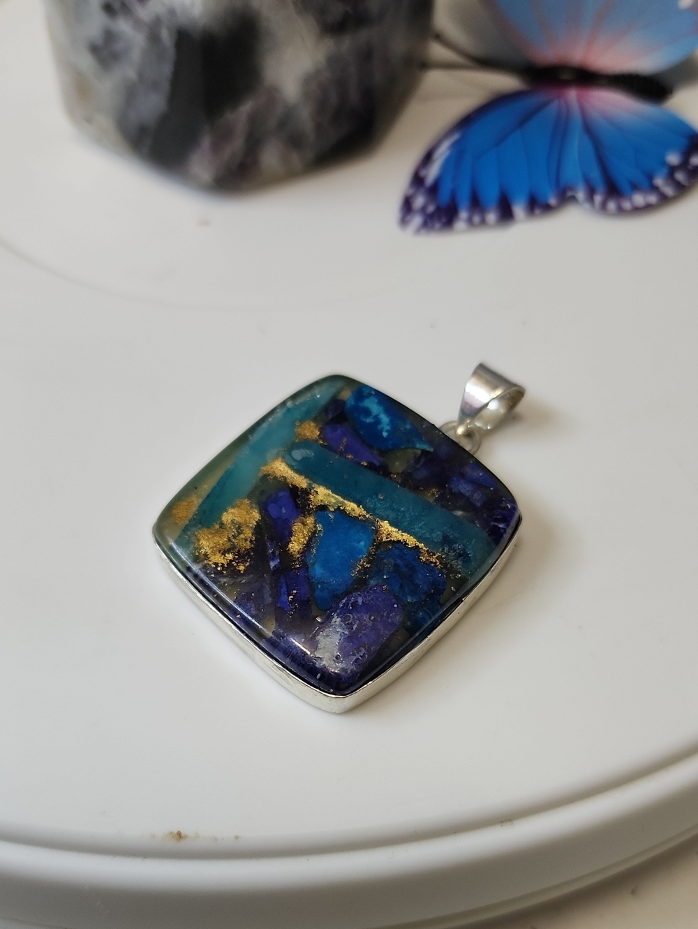 Blue and Gold Square Gemstone Pendant Necklace